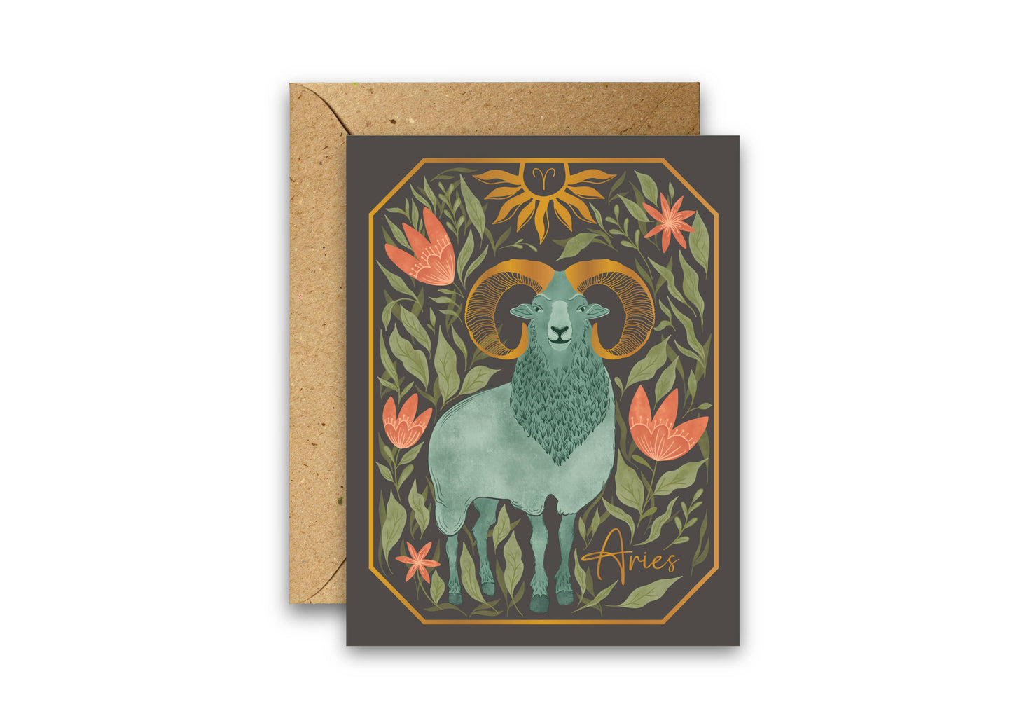 The Aries Zodiac Garden Gold Foil Greeting Card: Single