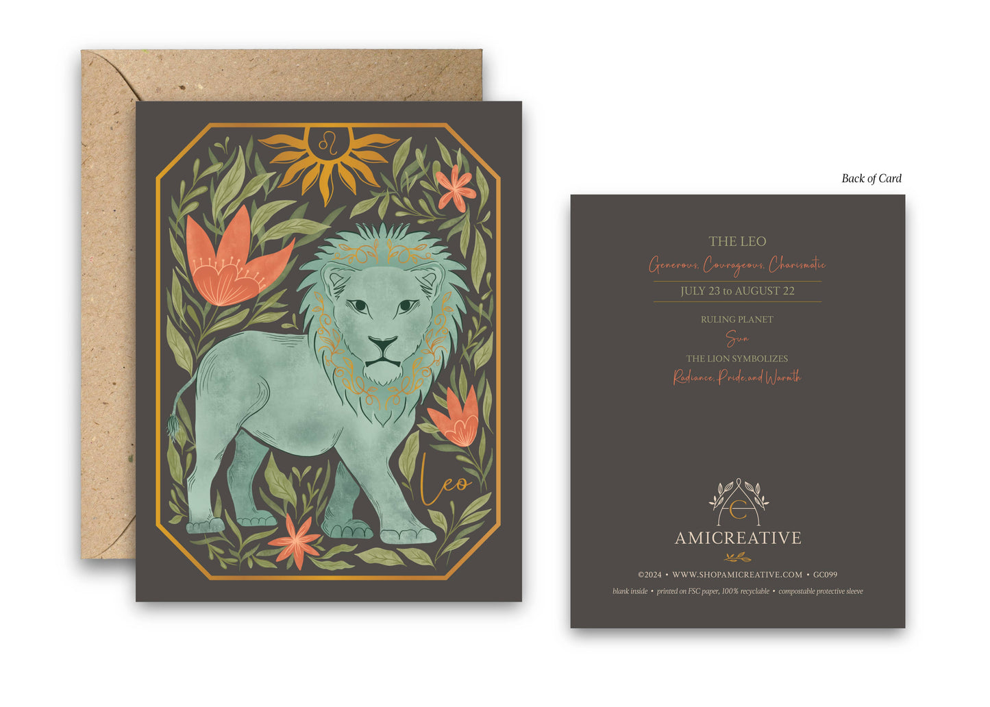 The Leo Zodiac Garden Gold Foil Greeting Card: Single