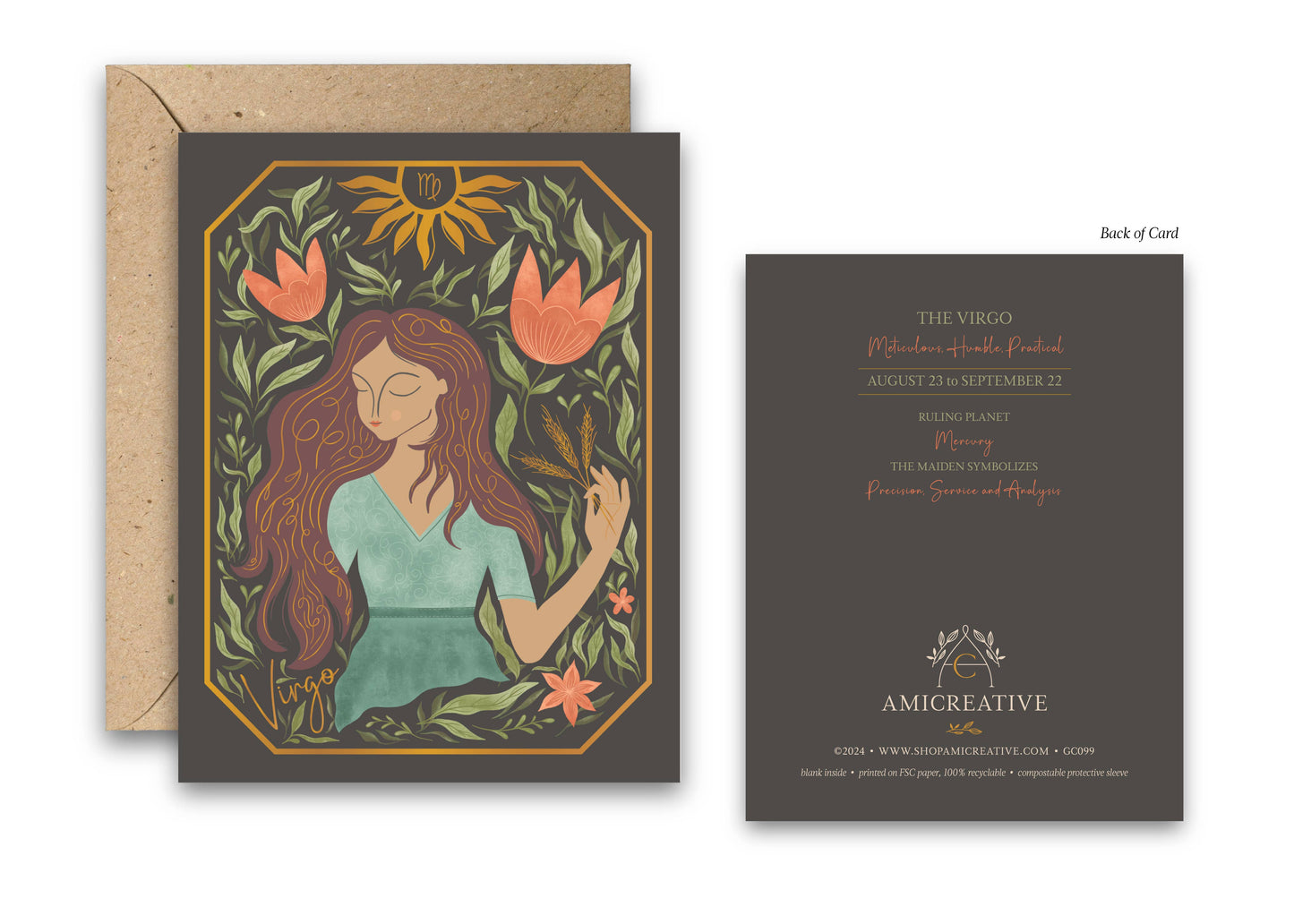The Virgo Zodiac Garden Gold Foil Greeting Card: Single