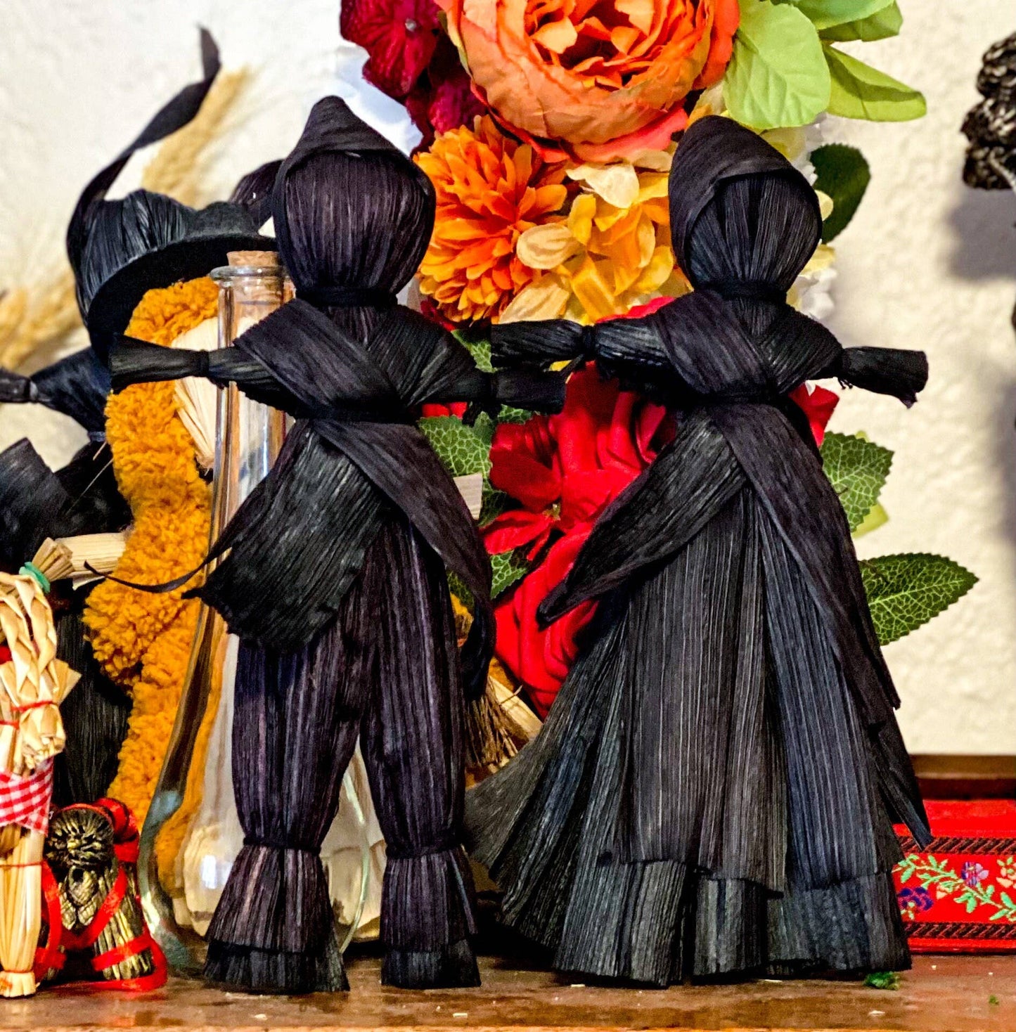 Corn Husk Doll / Folk Poppet with Smock and Hood - Black: Dress