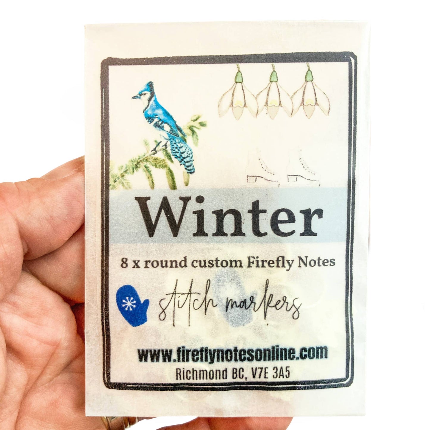 Winter Stitch Marker Pack: Ice skates, mittens, snow drops and blue jays