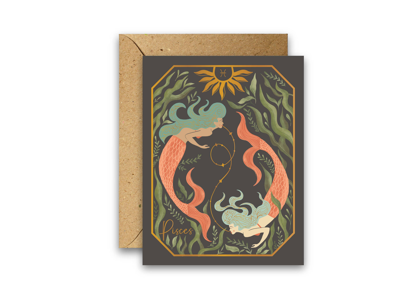The Pisces Zodiac Garden Gold Foil Greeting Card: Single