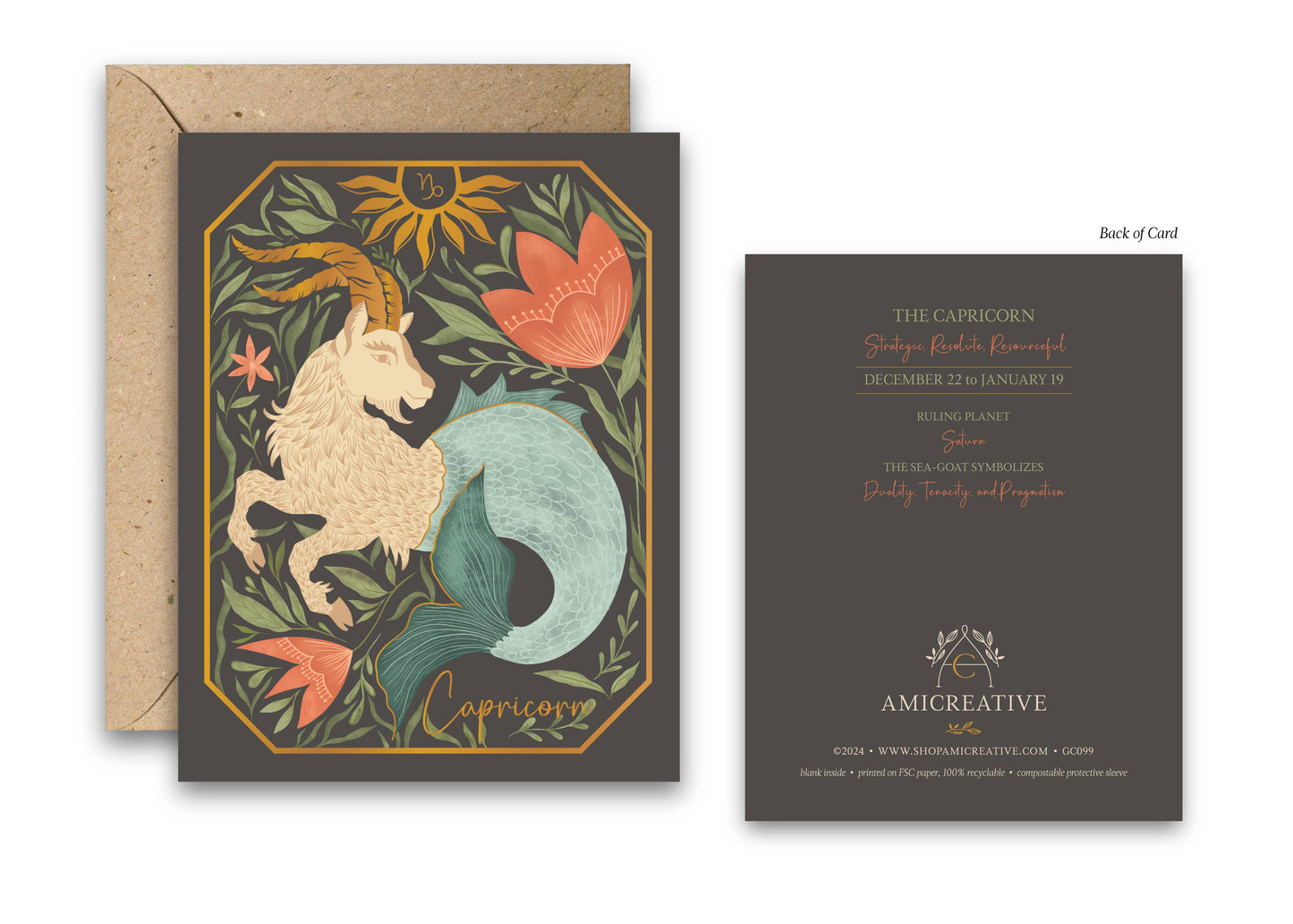 The Capricorn Zodiac Garden Gold Foil Greeting Card: Single