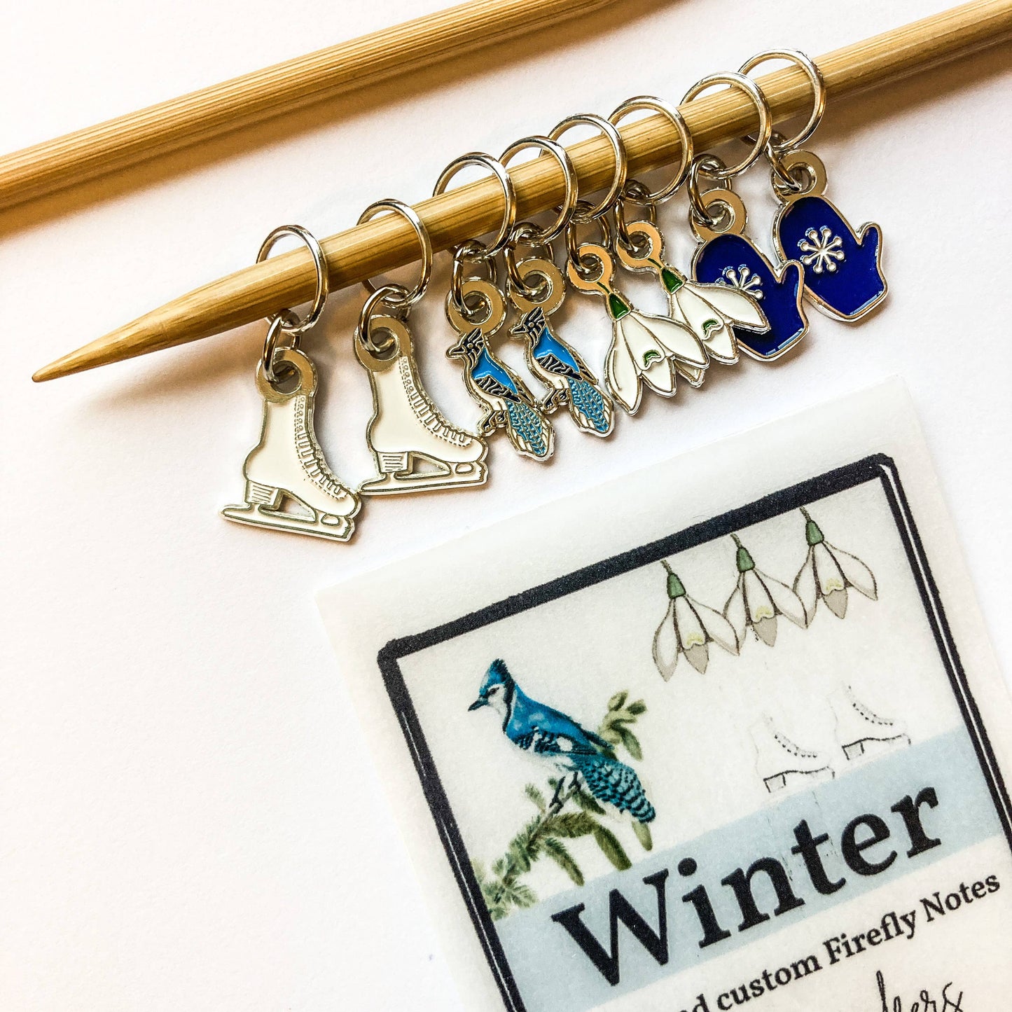 Winter Stitch Marker Pack: Ice skates, mittens, snow drops and blue jays