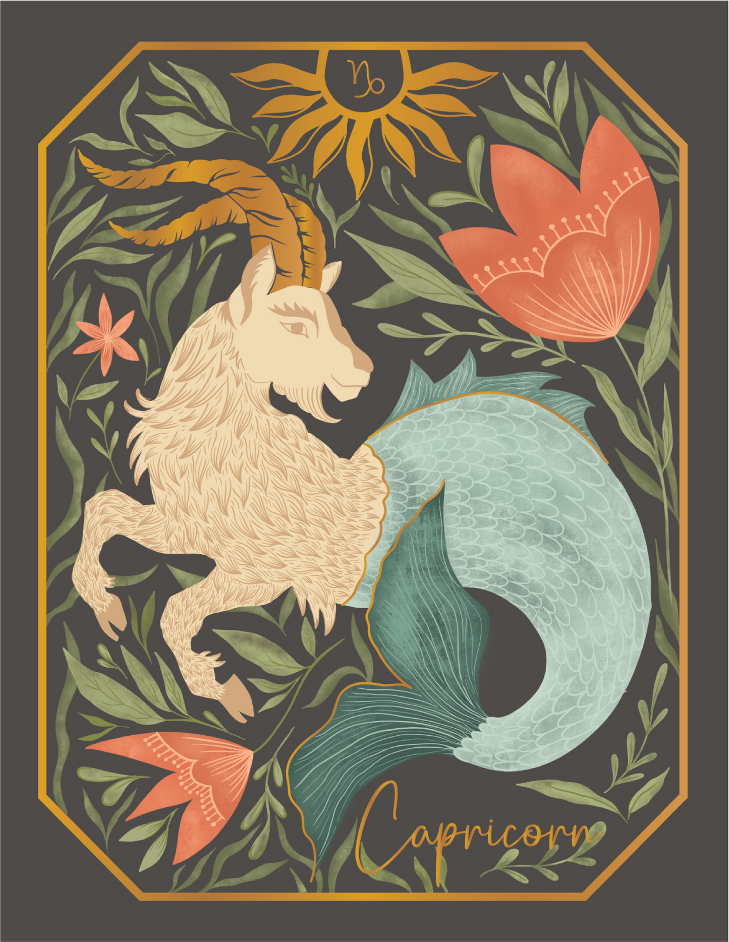 The Capricorn Zodiac Garden Gold Foil Greeting Card: Single