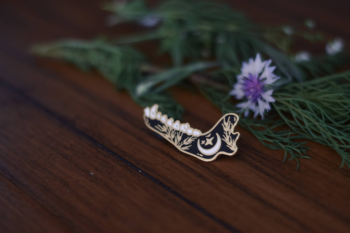 Wolf Jawbone hard enamel pin, witchy celestial gold lapel