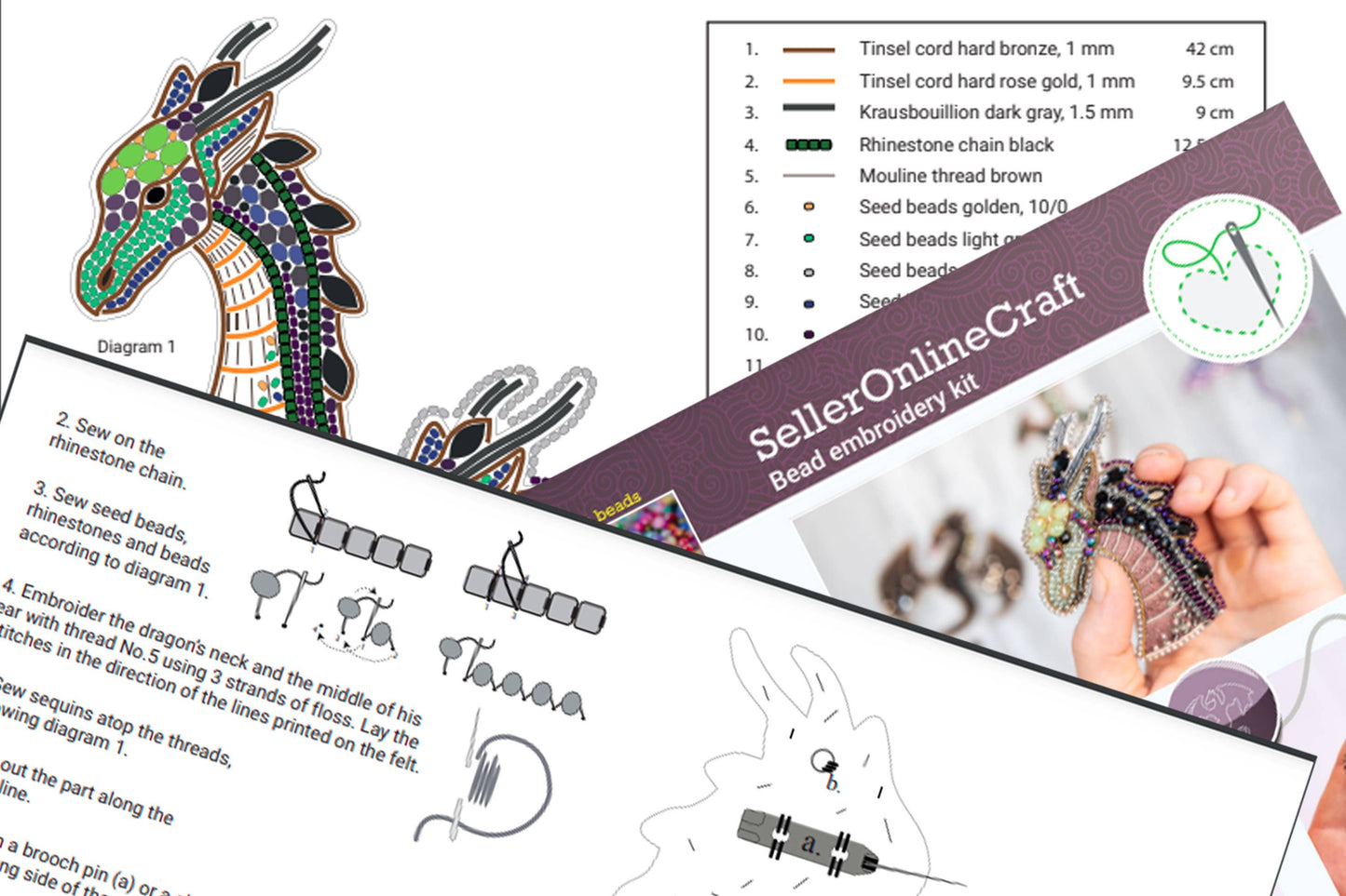 Bead Embroidery Dragon Brooch Kit: DIY Jewelry Making