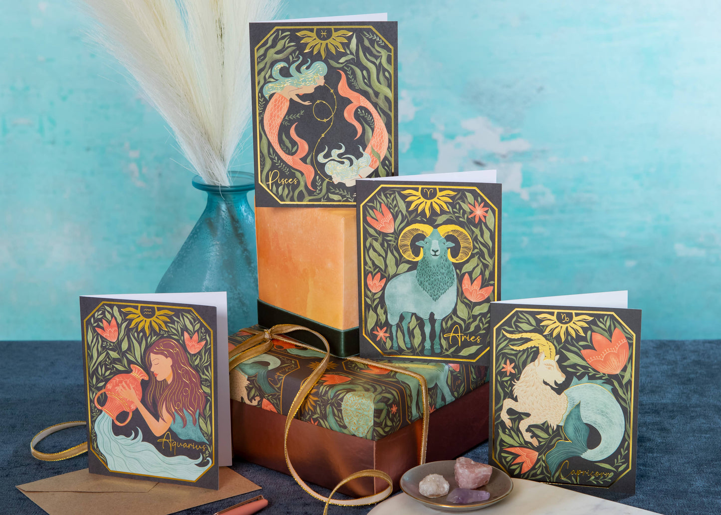 The Aquarius Zodiac Garden Gold Foil Greeting Card: Single