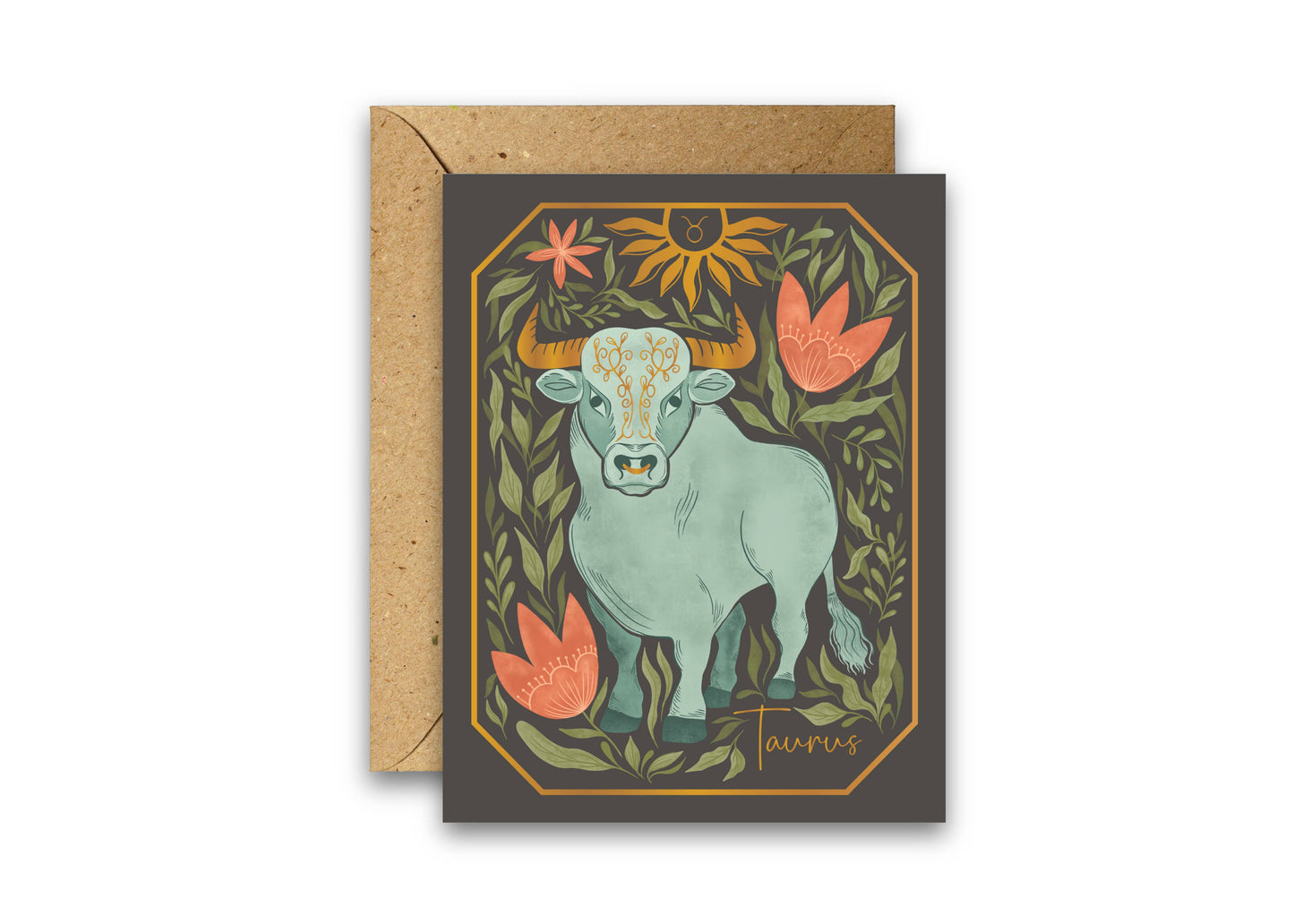 The Taurus Zodiac Garden Gold Foil Greeting Card: Single