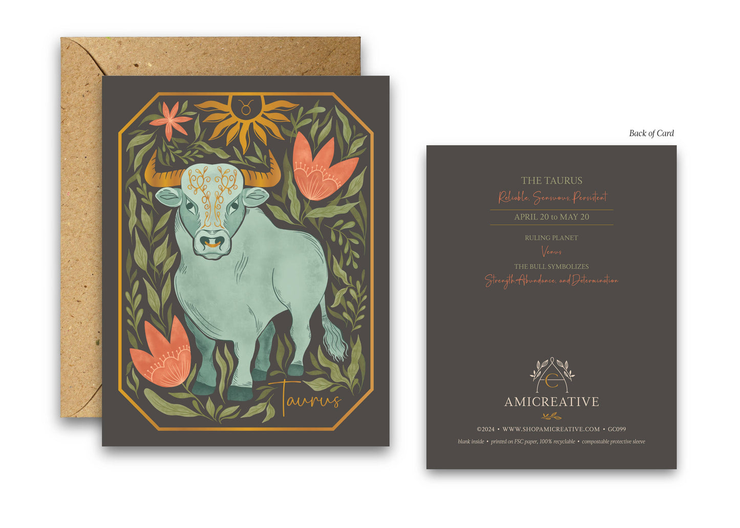 The Taurus Zodiac Garden Gold Foil Greeting Card: Single
