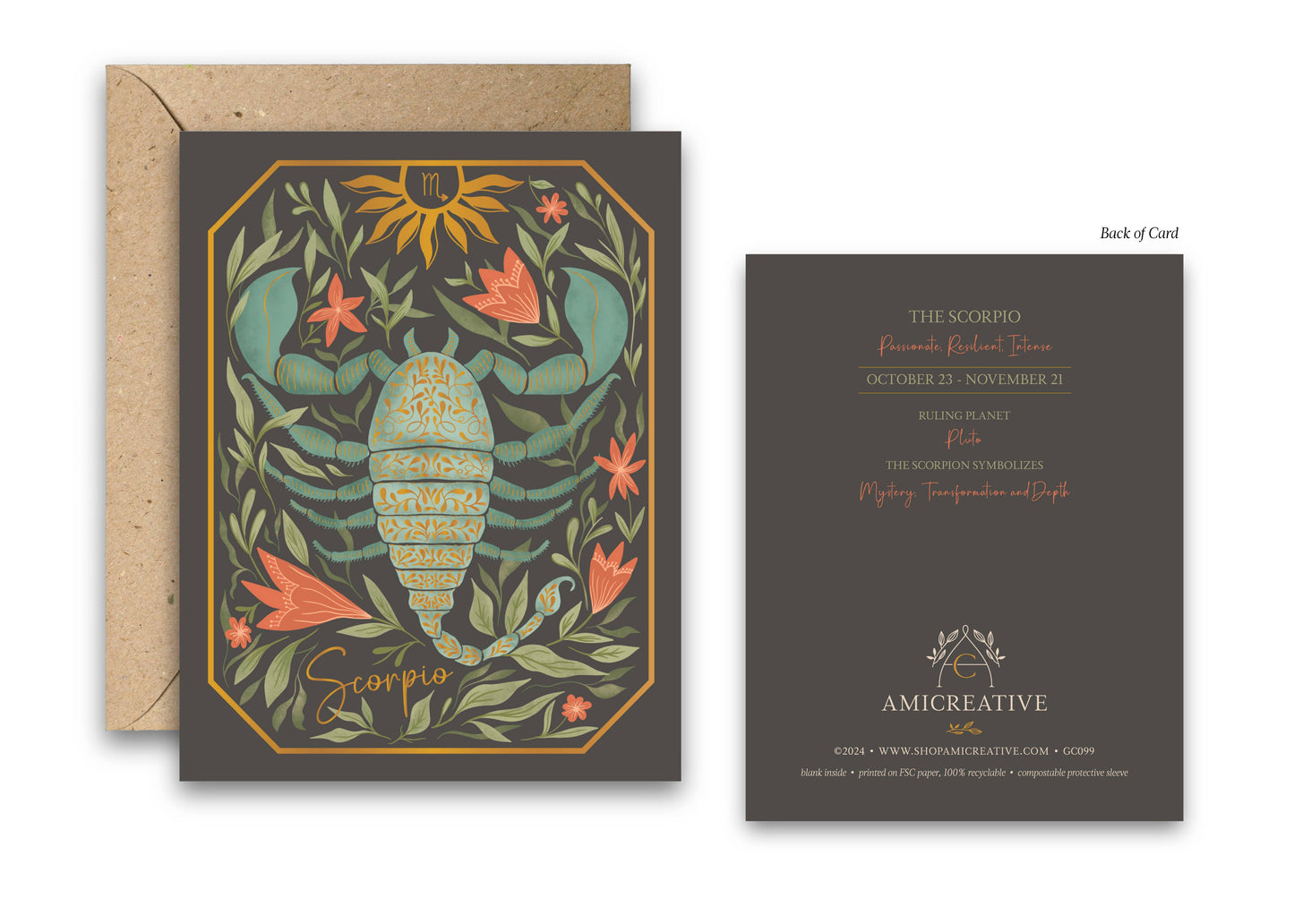 The Scorpio Zodiac Garden Gold Foil Greeting Card: Single