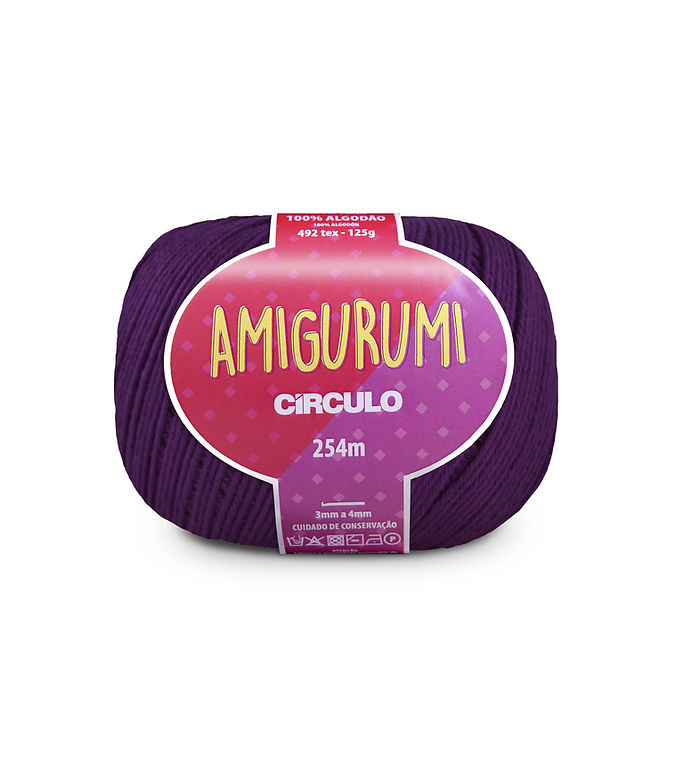 A skein of Circulo brand warm purple amigurumi cotton yarn with label showing the brand name and yardage.
