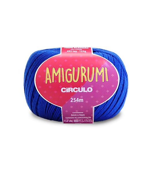 A skein of Circulo brand bright blue amigurumi cotton yarn with label showing the brand name and yardage.
