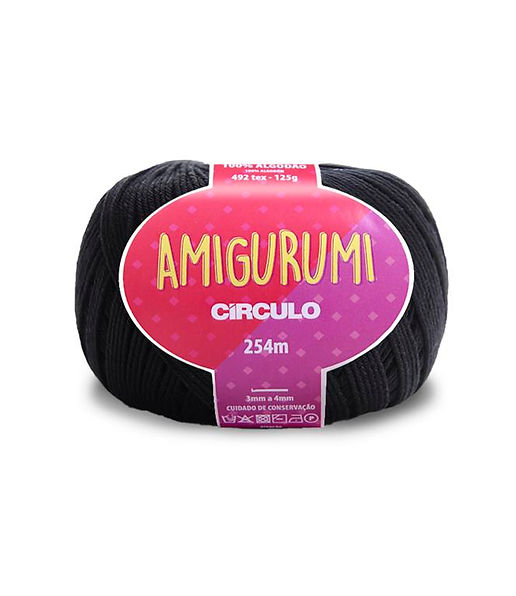 A skein of Circulo brand black amigurumi cotton yarn with label showing the brand name and yardage.