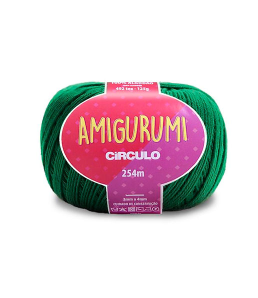 A skein of Circulo brand emerald green amigurumi cotton yarn with label showing the brand name and yardage.