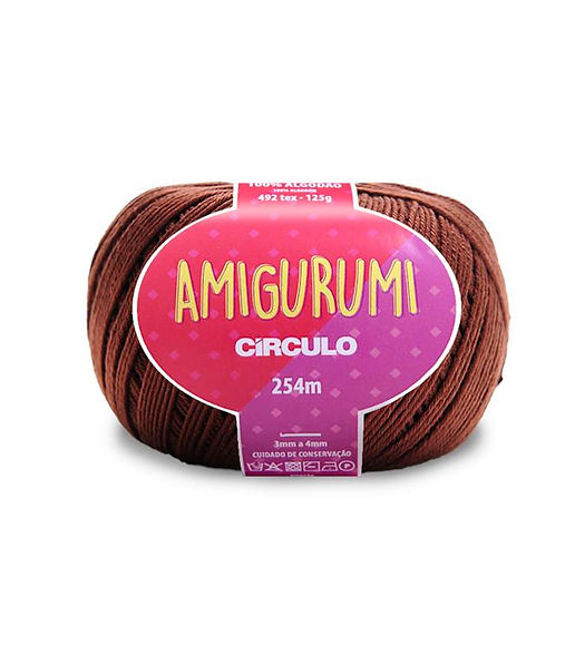 A skein of Circulo brand brown amigurumi cotton yarn with label showing the brand name and yardage.