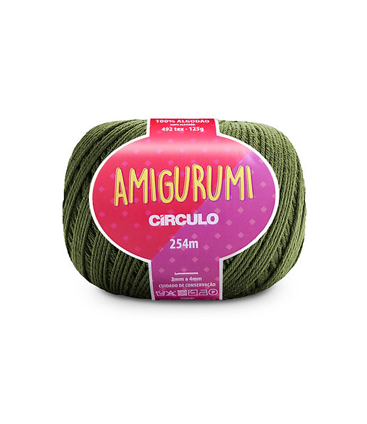 A skein of Circulo brand olive green amigurumi cotton yarn with label showing the brand name and yardage.