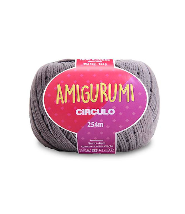 A skein of Circulo brand medium gray amigurumi cotton yarn with label showing the brand name and yardage.