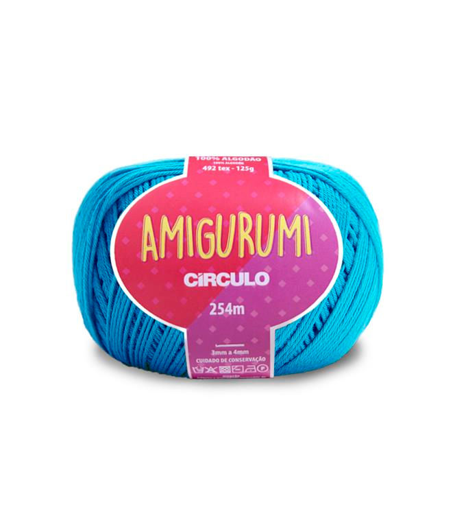 A skein of Circulo brand bright turquoise amigurumi cotton yarn with label showing the brand name and yardage.