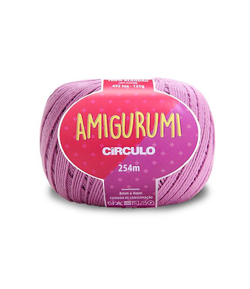 A skein of Circulo brand pink lavender amigurumi cotton yarn with label showing the brand name and yardage.