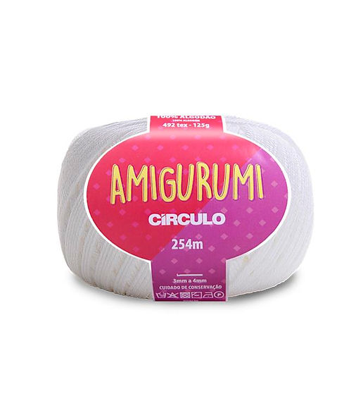 A skein of Circulo brand white amigurumi cotton yarn with label showing the brand name and yardage.