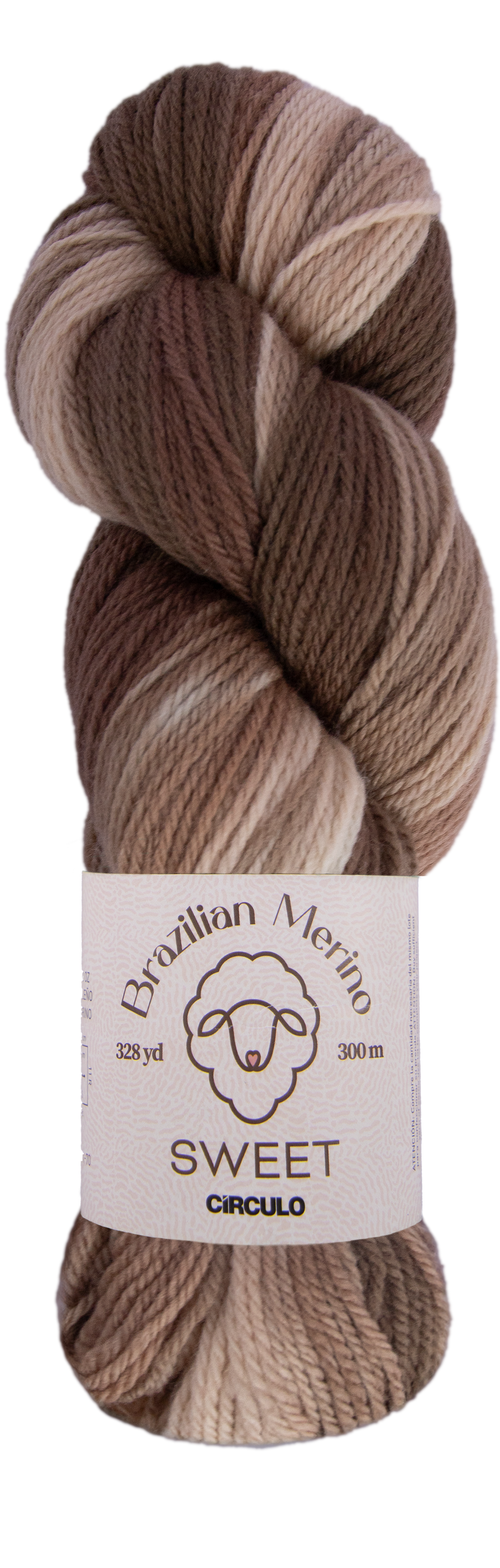 Skein of brown and beige yarn with a label on a white background