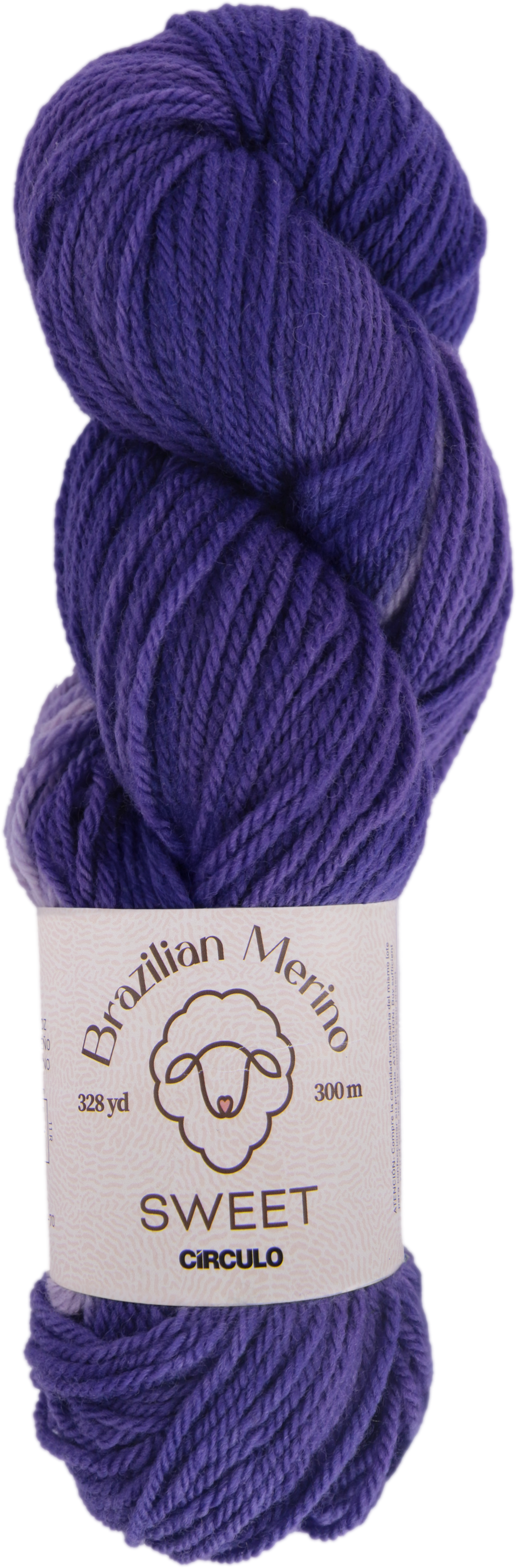 Dark and light purple yarn skein with a label on a white background