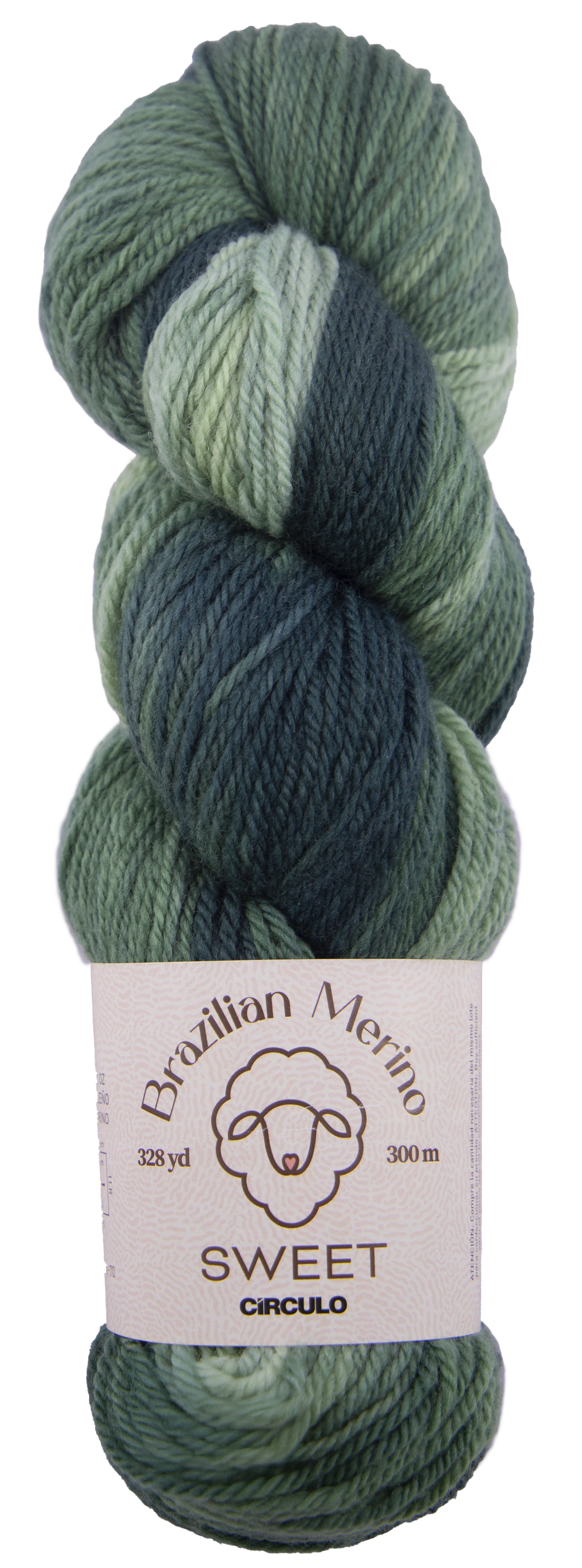 Dark and light green skein of yarn with a label on a white background