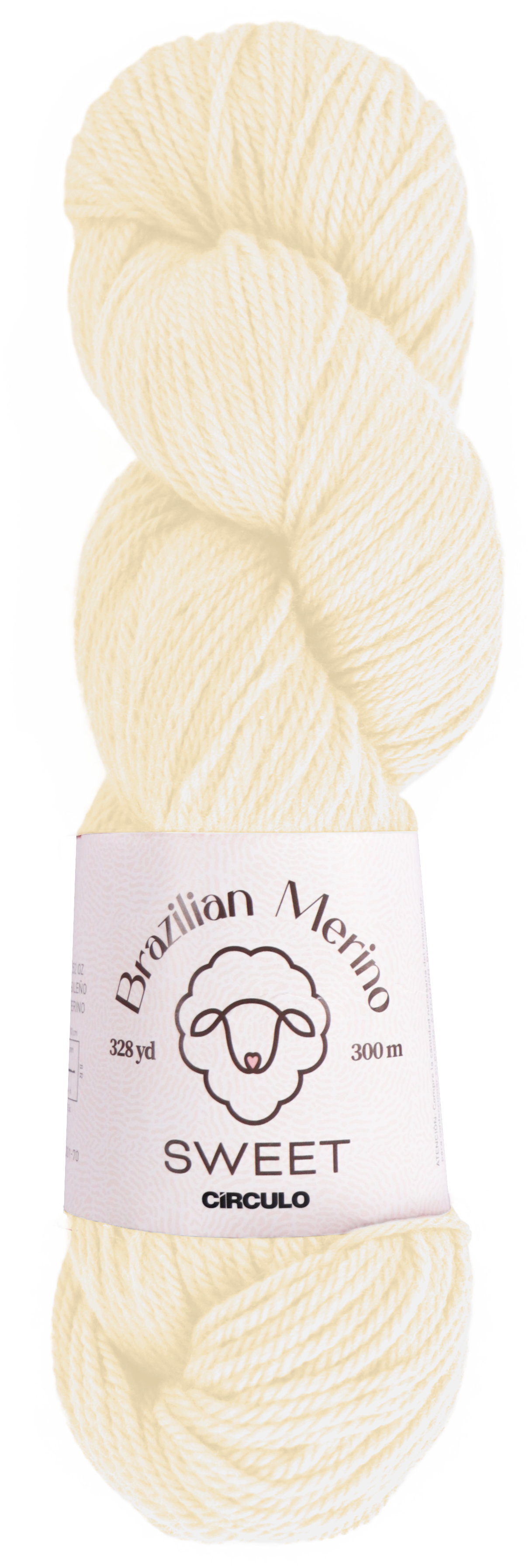 Skein of cream-colored yarn with an Brazilian Merino Sweet label on a white background