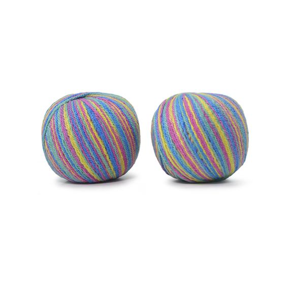 An image of two balls of Circulo Let it Sock sport weight yarn in the colors blue, pink, purple, and yellow against a white background.