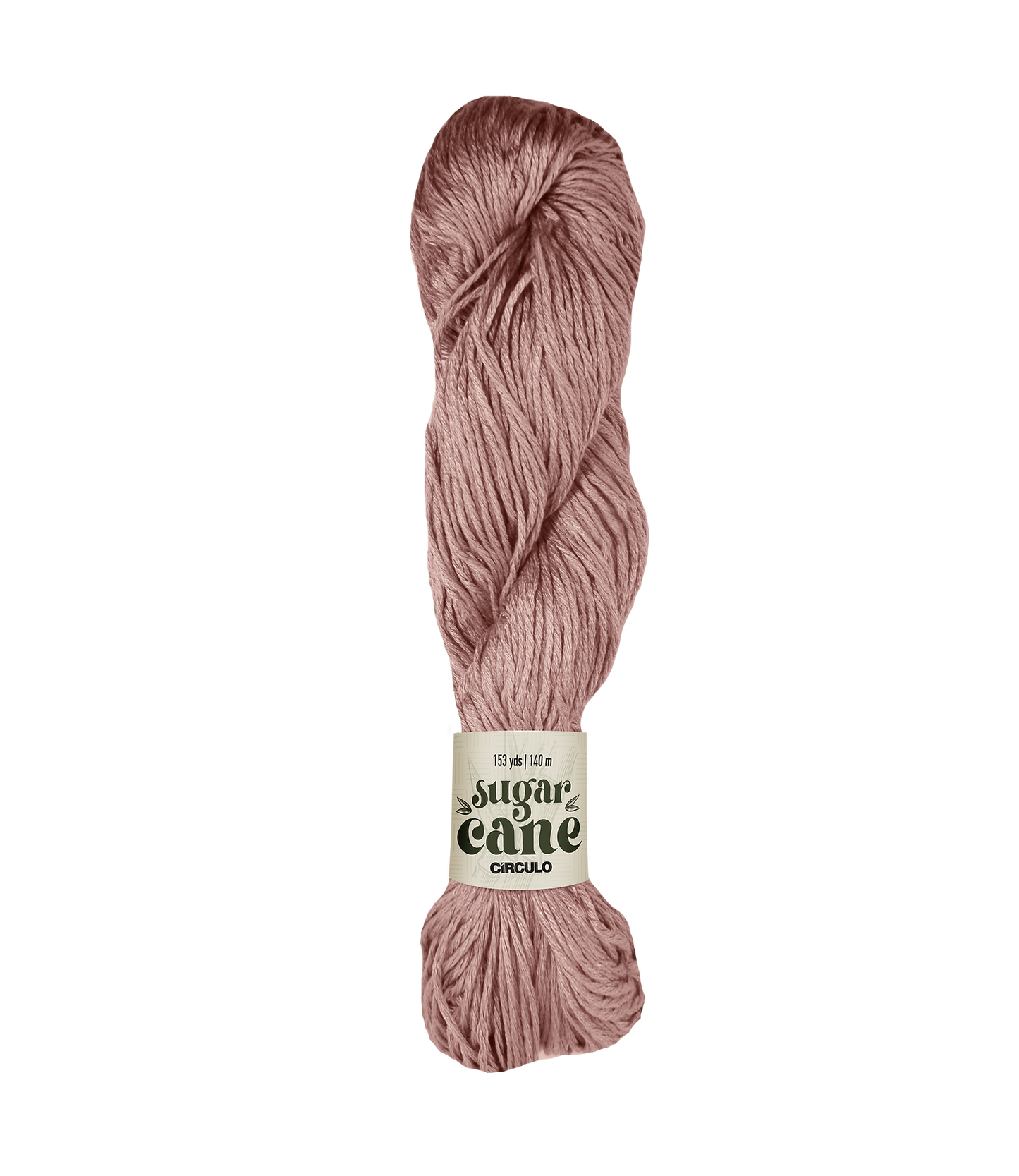 An image of a skein of Circulo DK weight yarn in a rose pink color with a ‘Sugar Cane’ label against a white background.