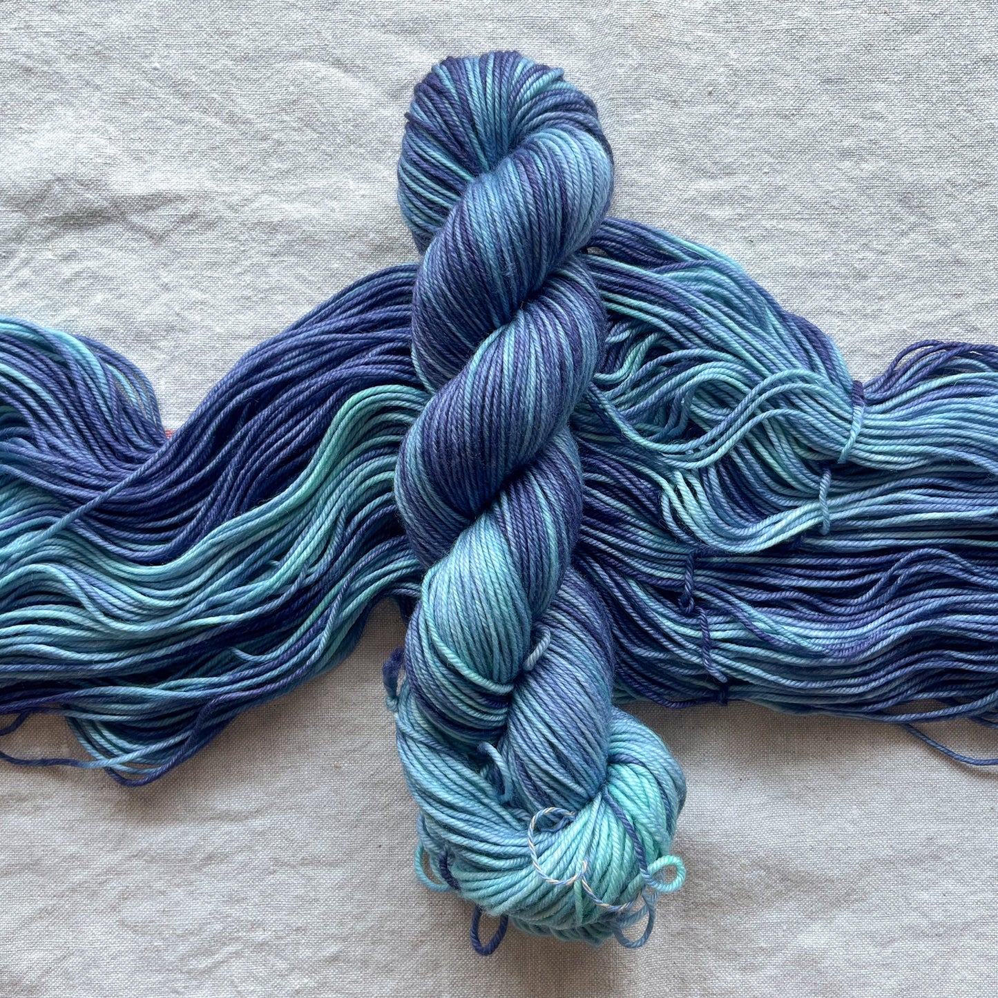 A beautiful high contrast tonal blue yarn in cool icy blue and warm denim blue tones.