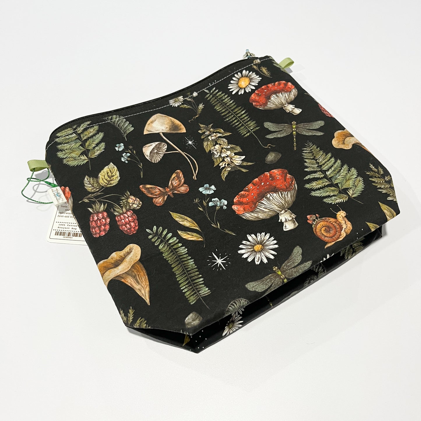 Exclusive Mushrooms on Black Project Bags by Stitched by JessaLu