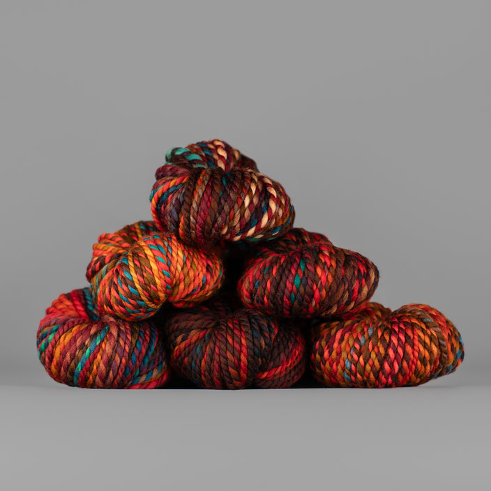 Skeins of Spincycle Plump Bulky weight yarn in red, orange, brown, blue, and yellow color gradient