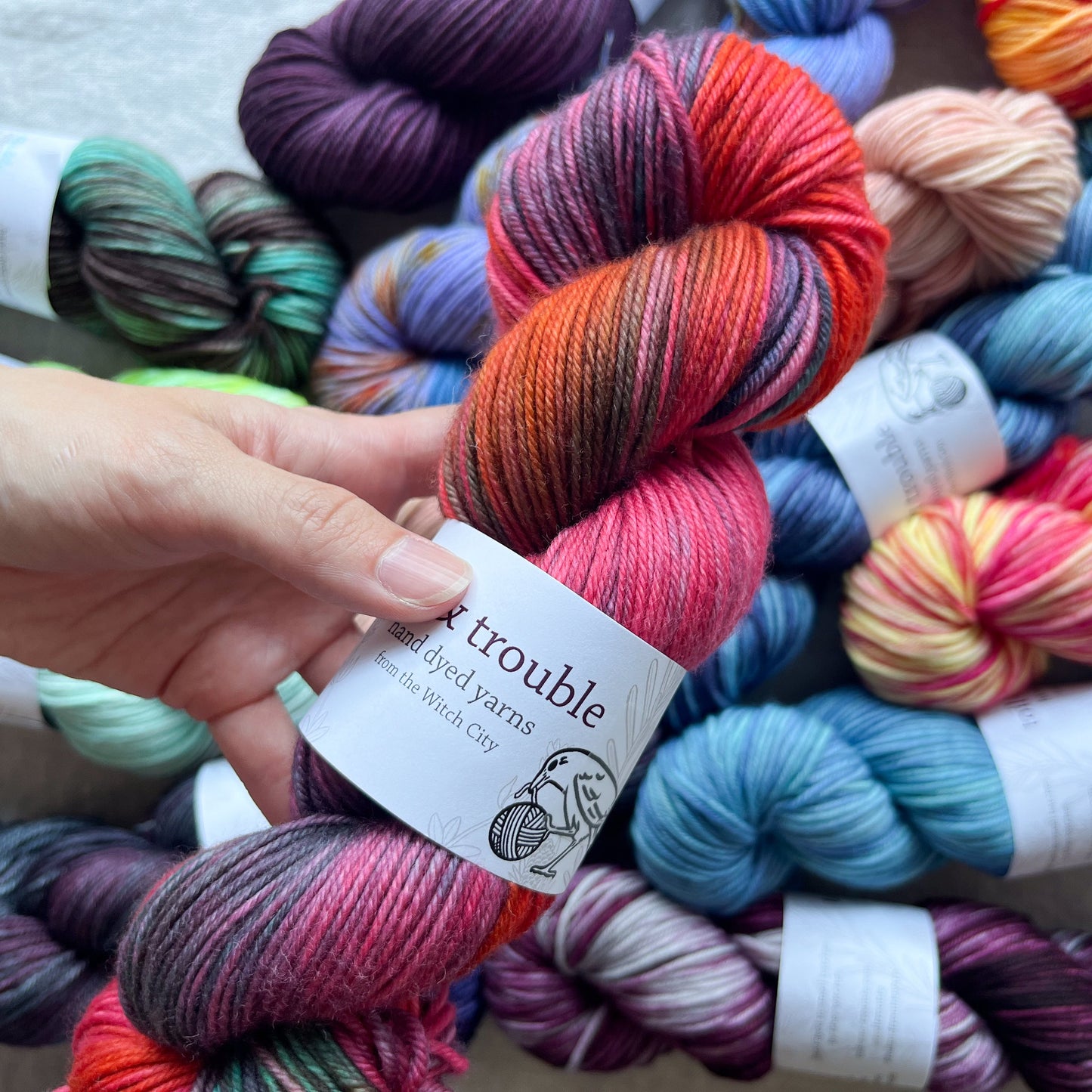 A hand holding up a skein of DK weight orange, purple and pink variegated hand dyed yarn in front of a pile of other colorful skeins. The yarn has a label on it that reads "Toil & Trouble Hand Dyed Yarns from the Witch City" and has a crow pecking at a ball of yarn.