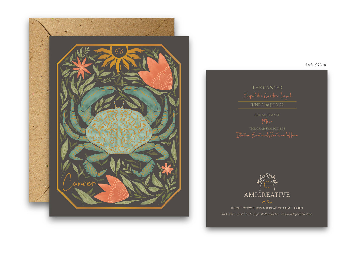 The Cancer Zodiac Garden Gold Foil Greeting Card: Single