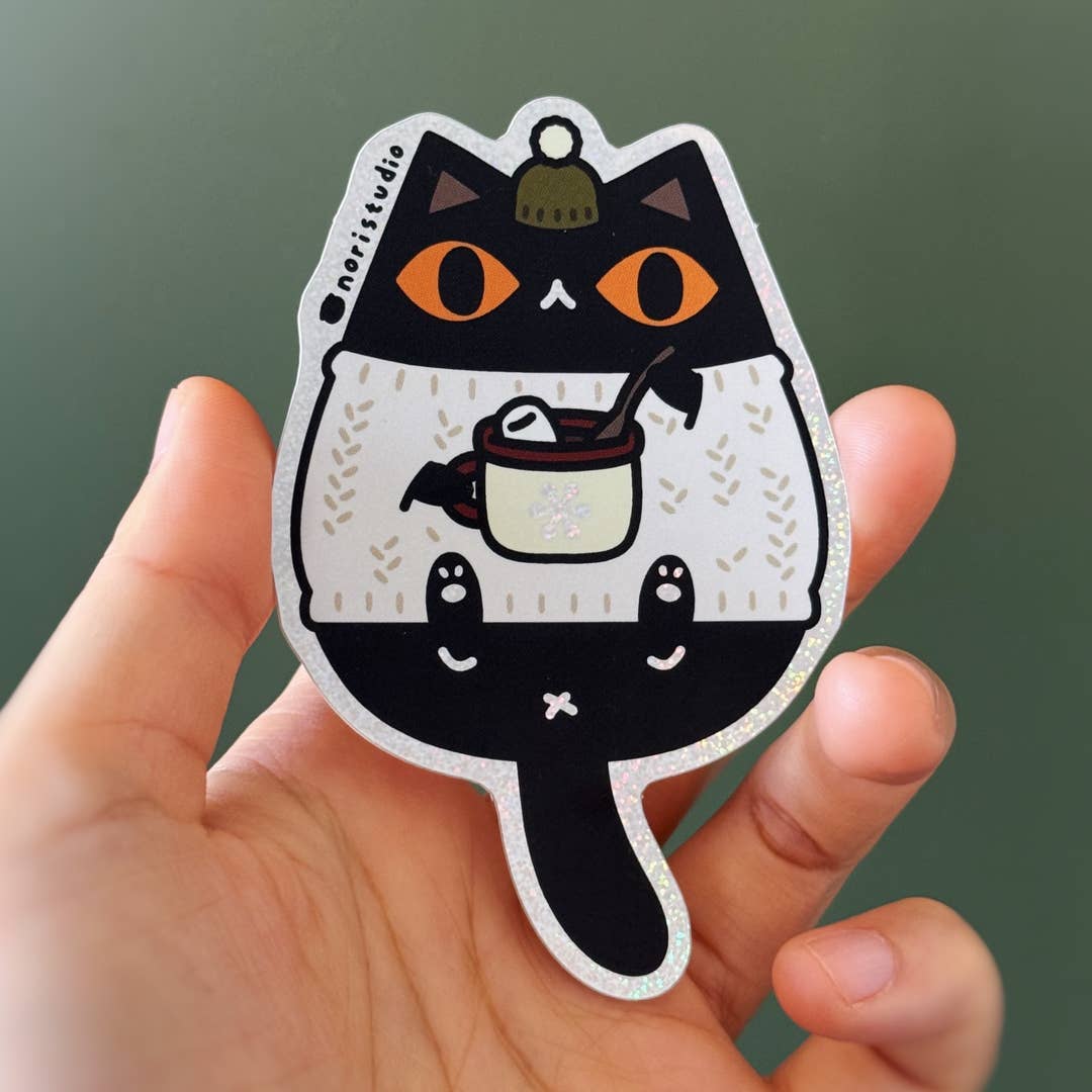 Black Cat in White Sweater Glitter Vinyl Sticker