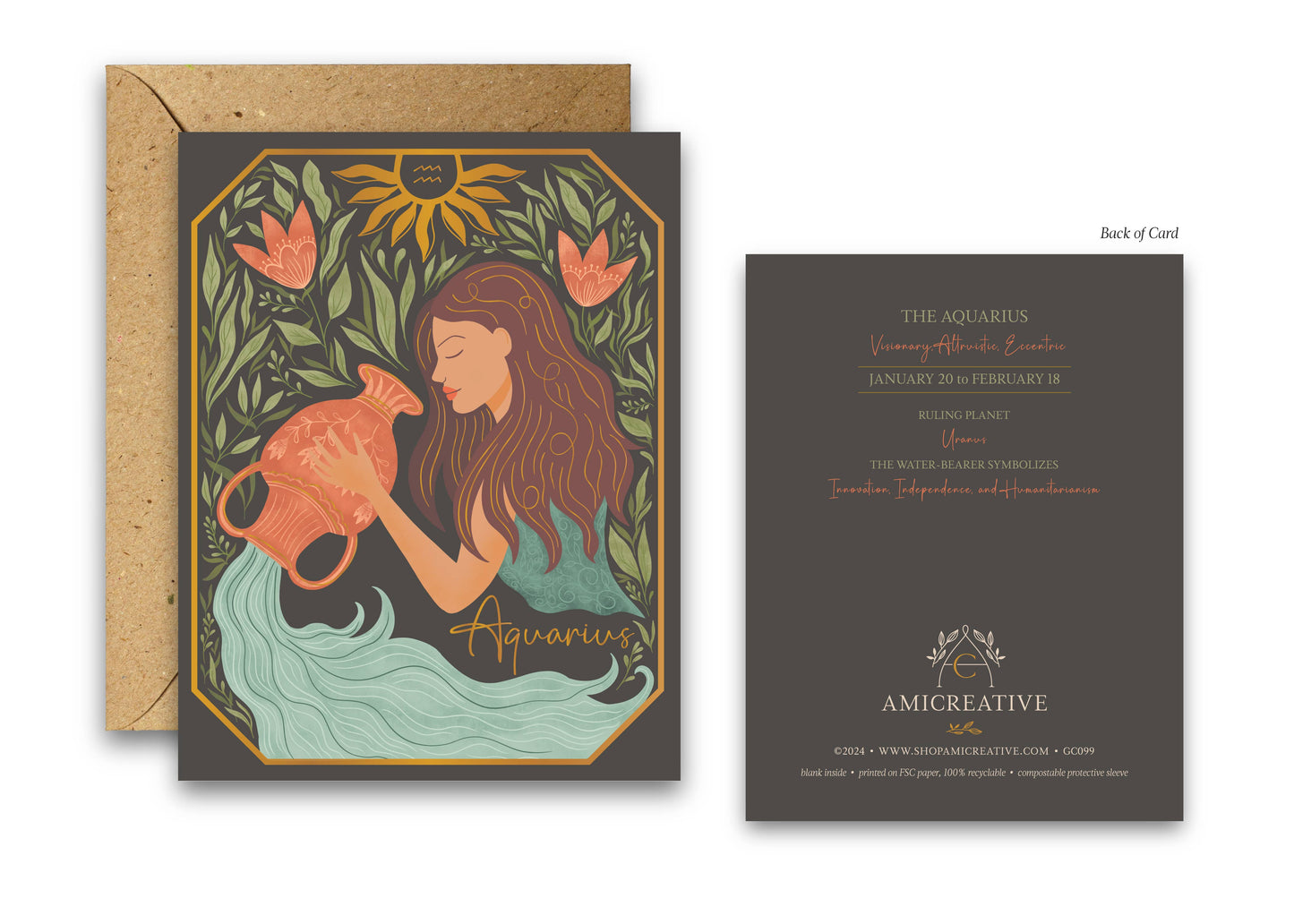 The Aquarius Zodiac Garden Gold Foil Greeting Card: Single