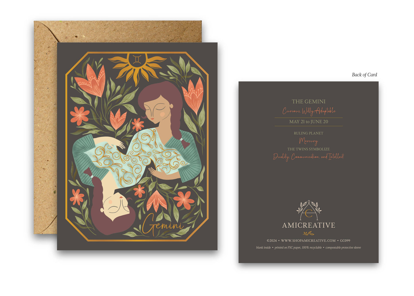 The Gemini Zodiac Garden Gold Foil Greeting Card: Single