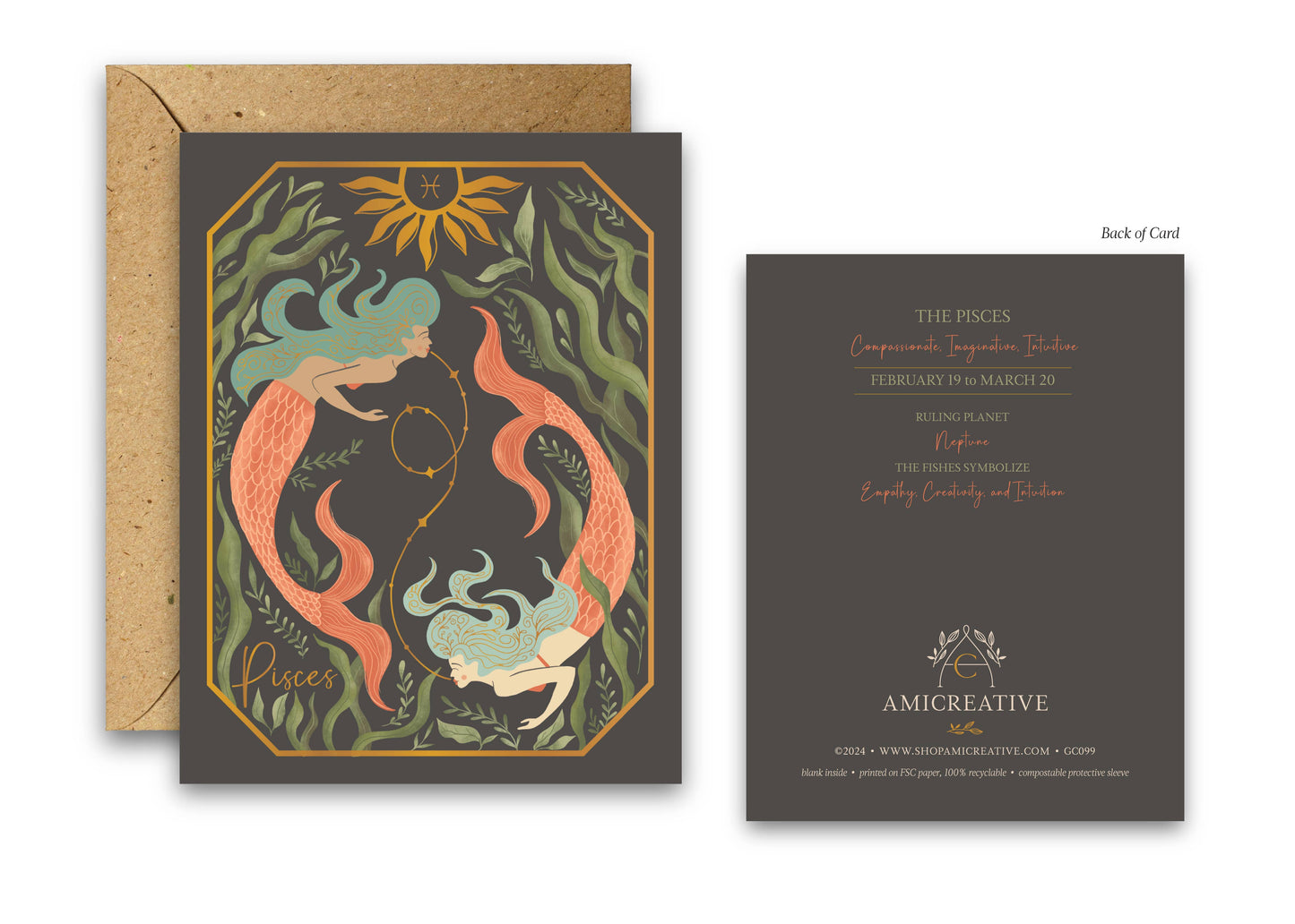 The Pisces Zodiac Garden Gold Foil Greeting Card: Single