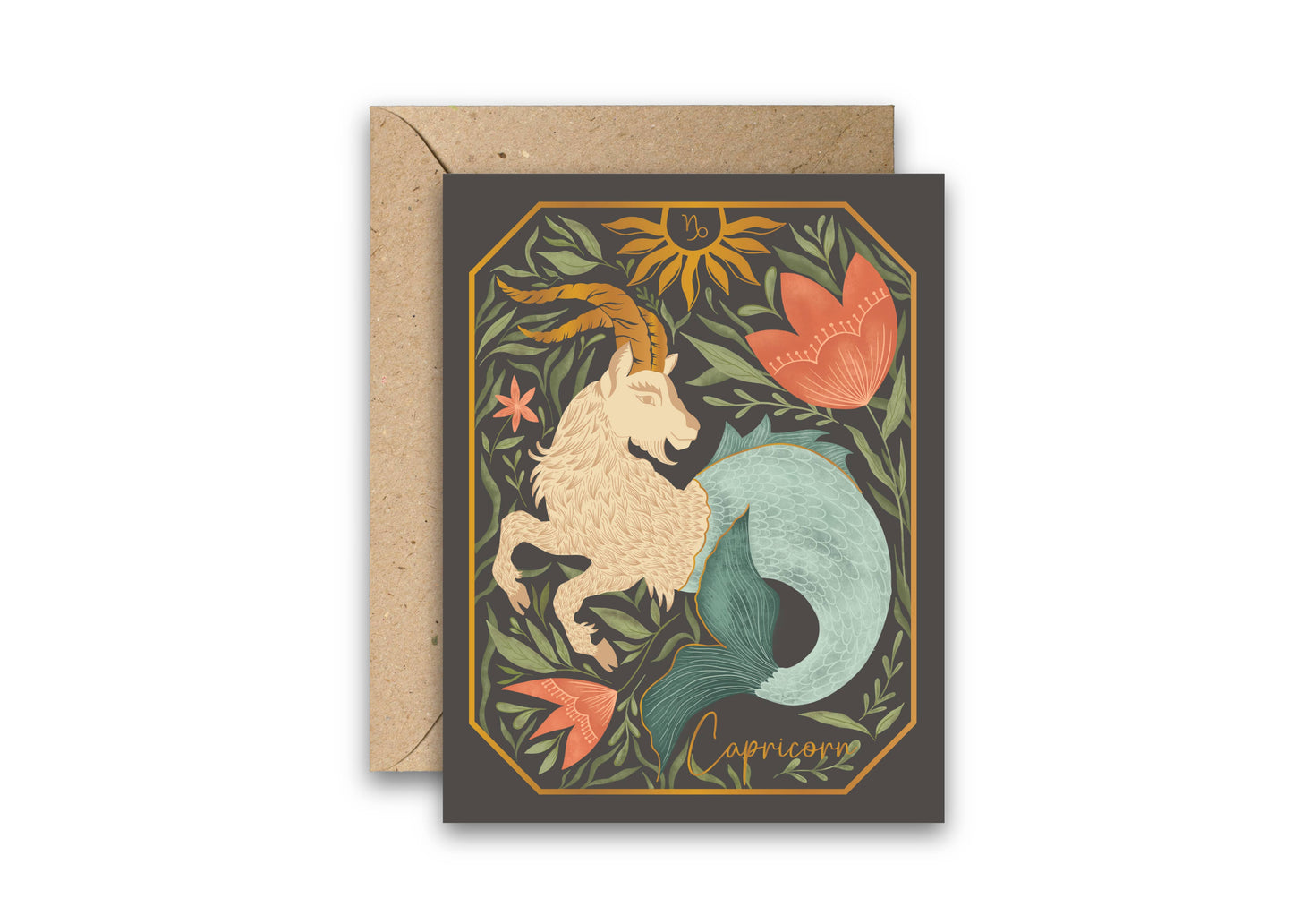 The Capricorn Zodiac Garden Gold Foil Greeting Card: Single