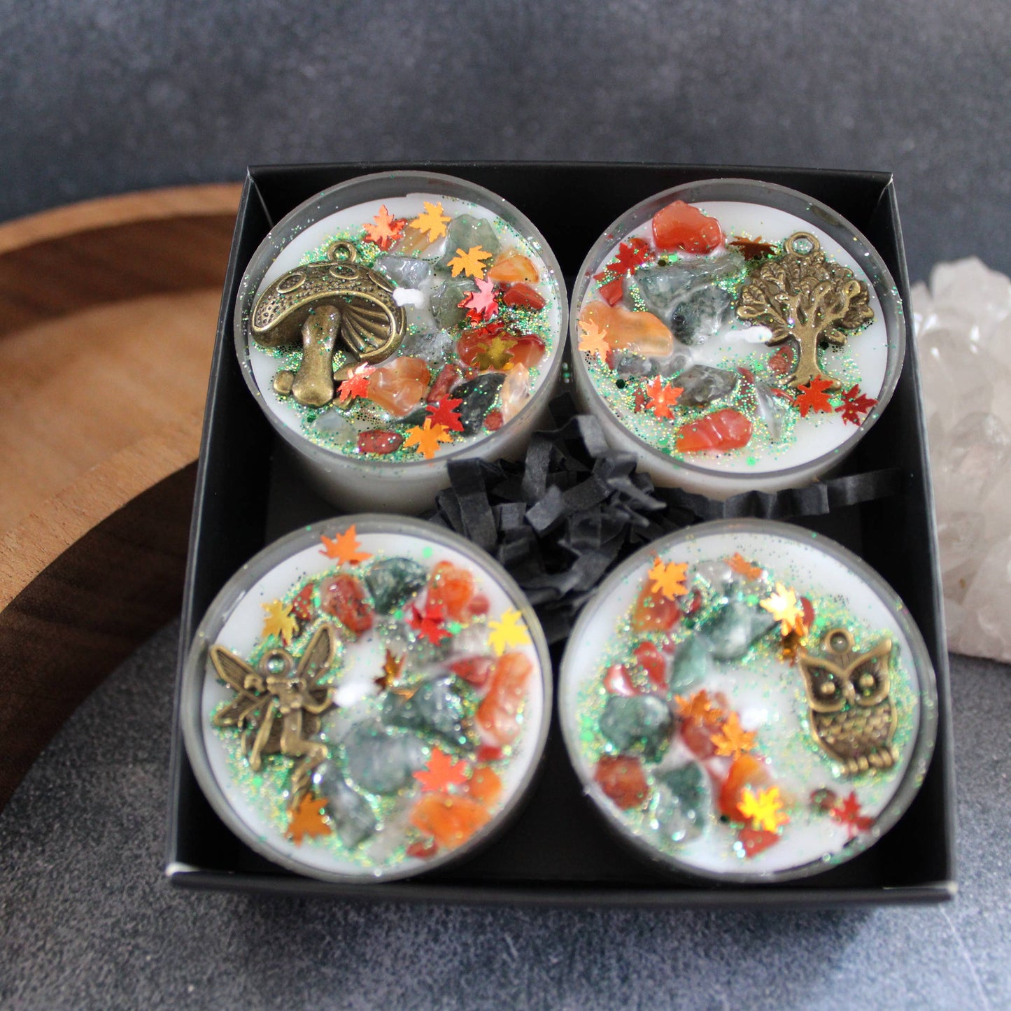 Enchanted Forest Tealight Crystal Candles, Ritual Candles