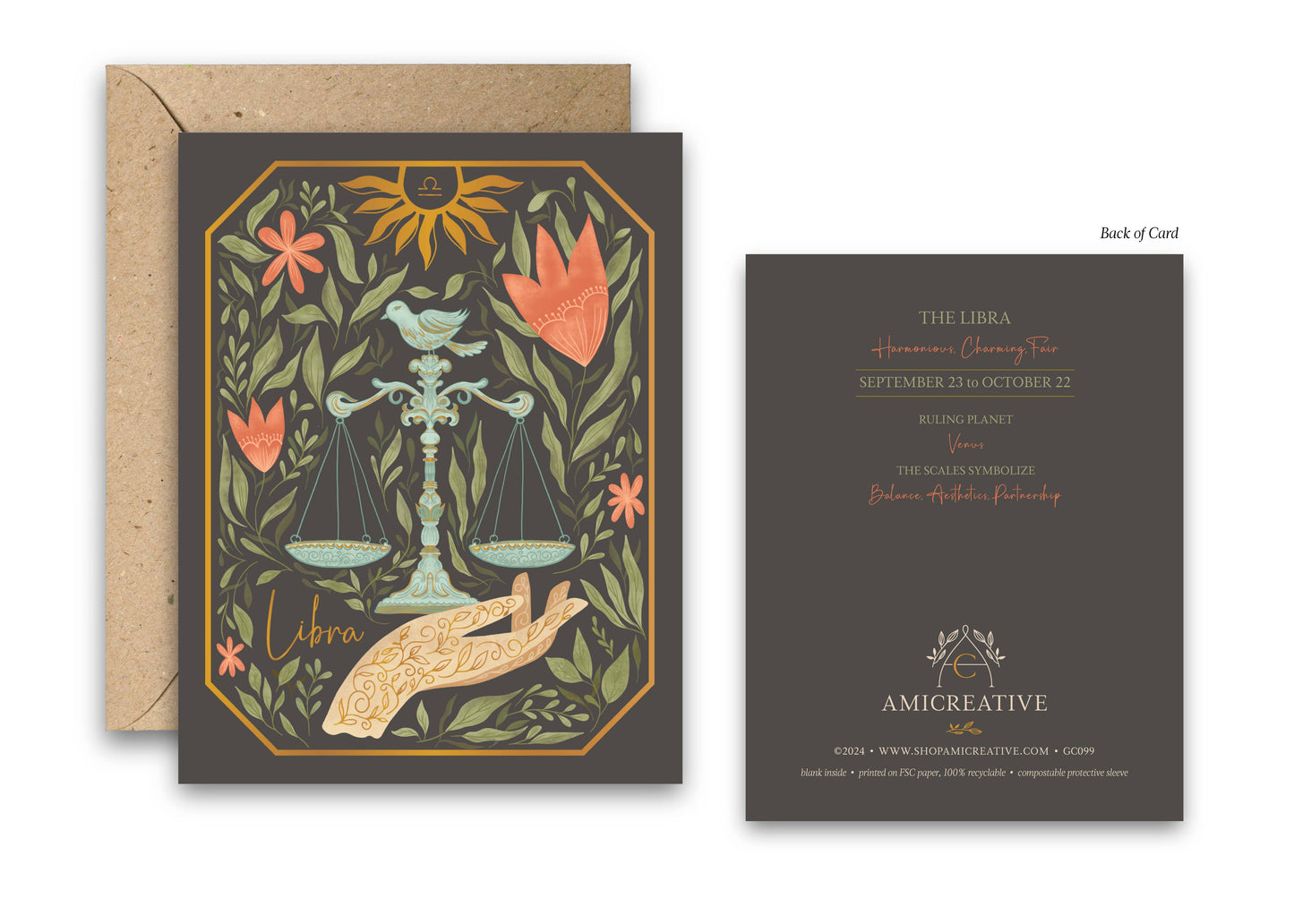The Libra Zodiac Garden Gold Foil Greeting Card: Single