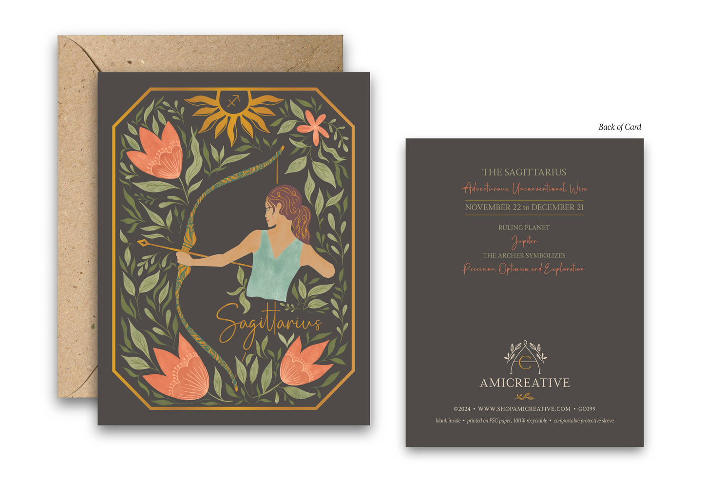 The Sagittarius Zodiac Garden Gold Foil Greeting Card: Single