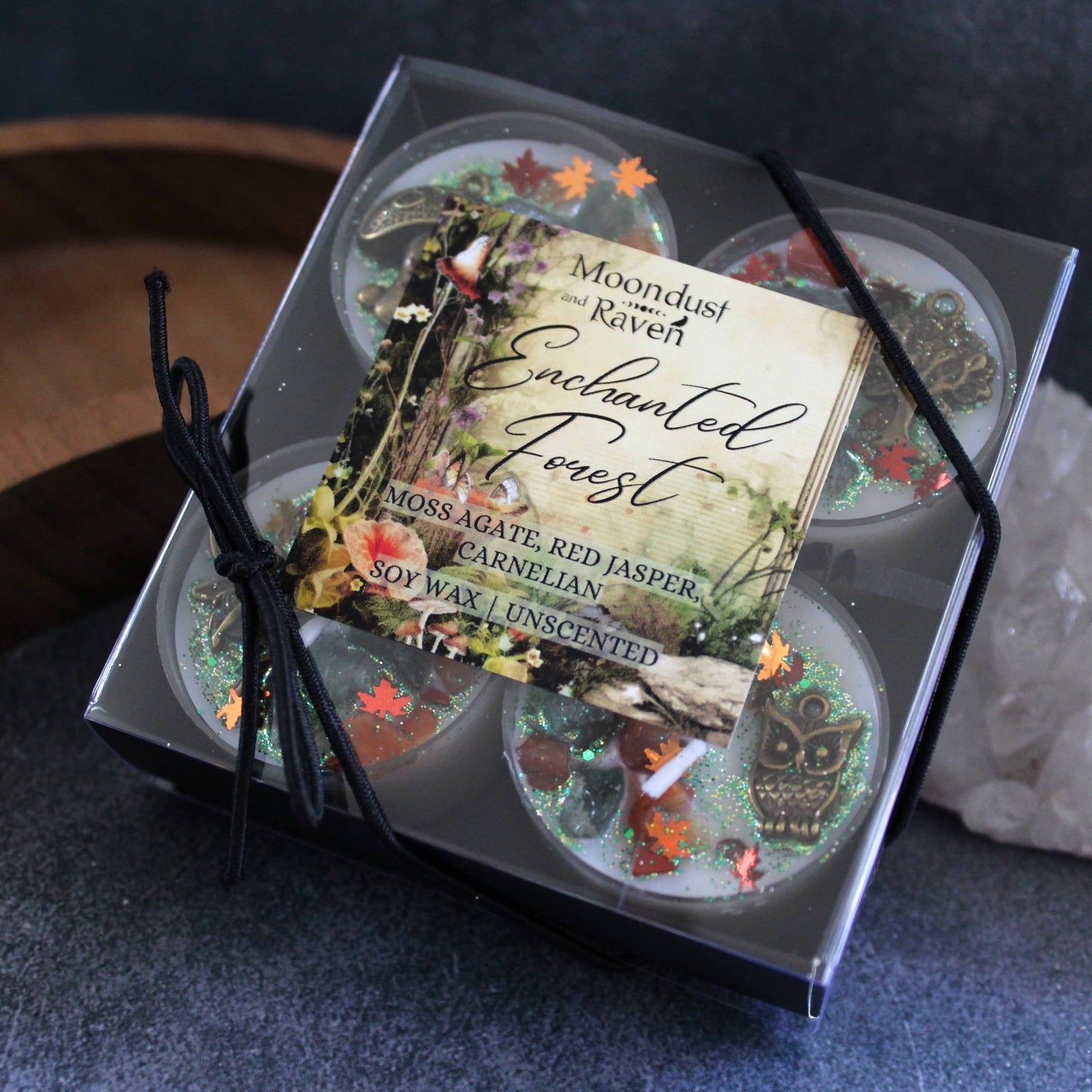 Enchanted Forest Tealight Crystal Candles, Ritual Candles