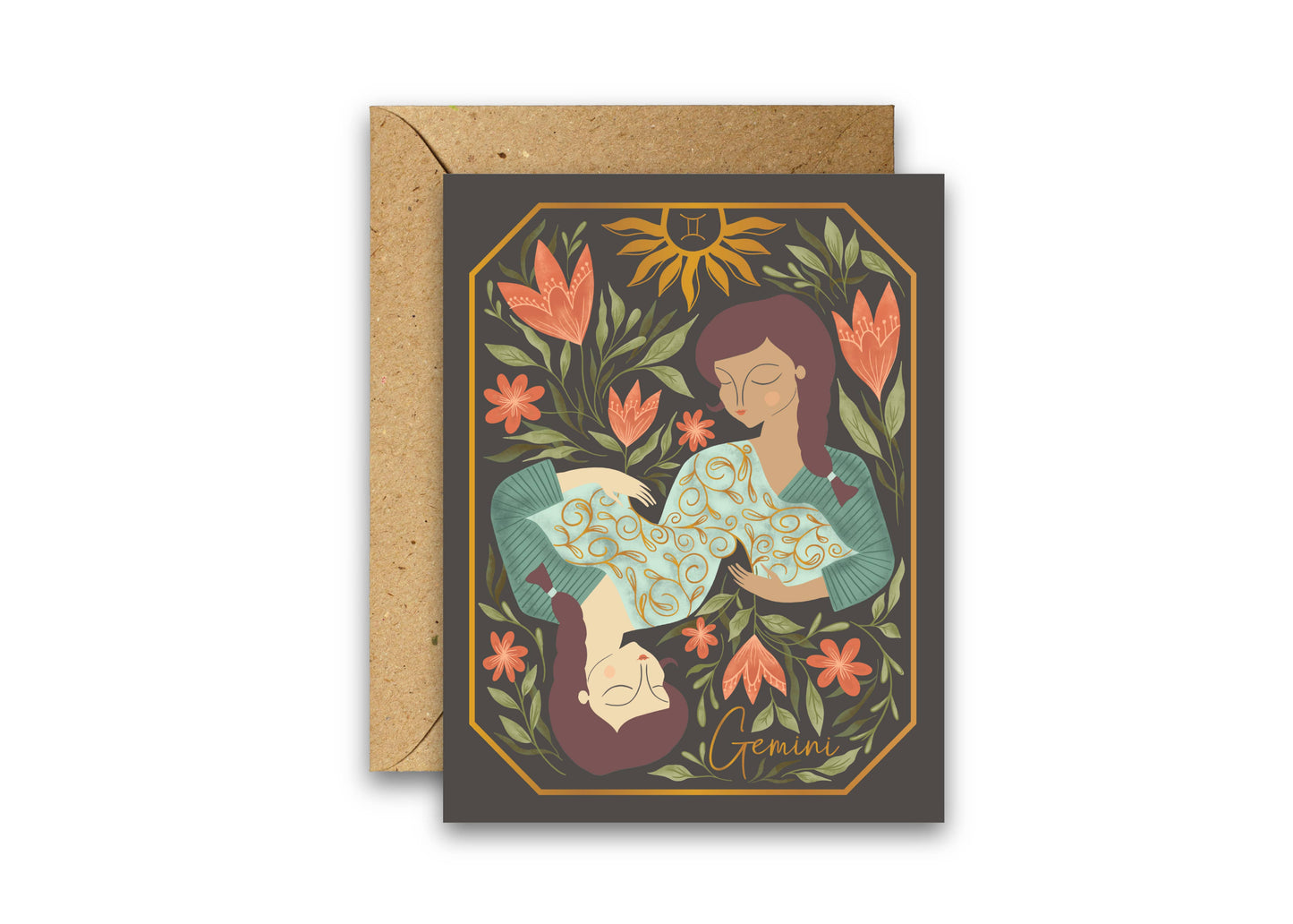 The Gemini Zodiac Garden Gold Foil Greeting Card: Single