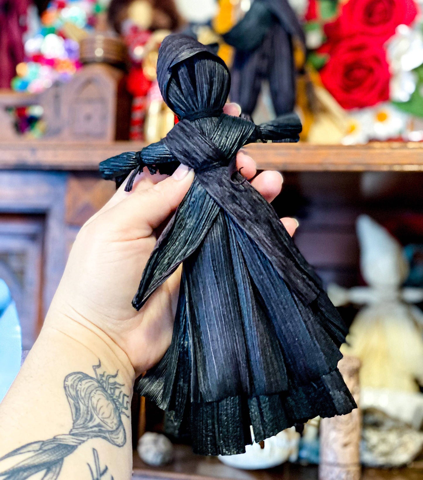 Corn Husk Doll / Folk Poppet with Smock and Hood - Black: Dress