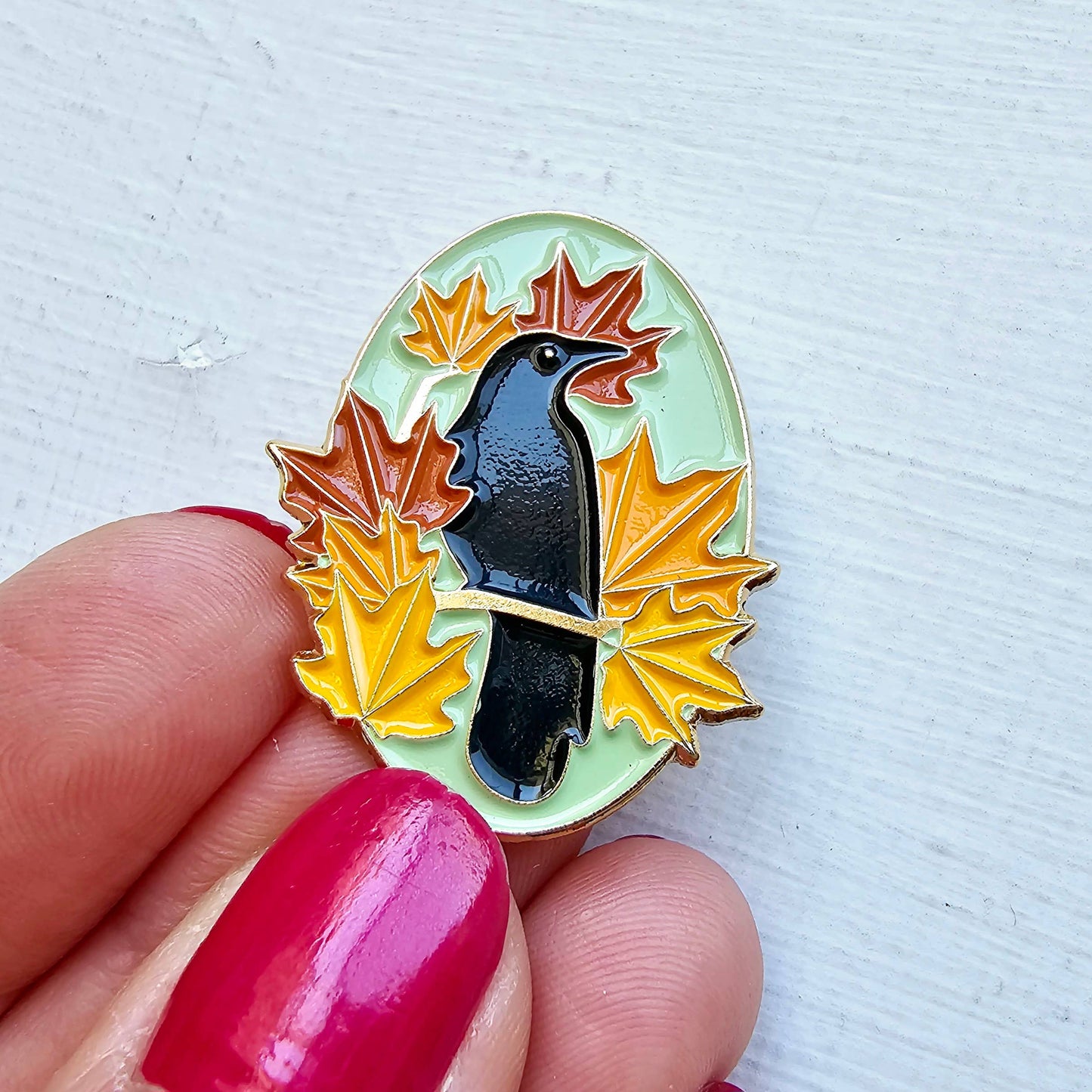 Autumn Crow Enamel Needle Minder