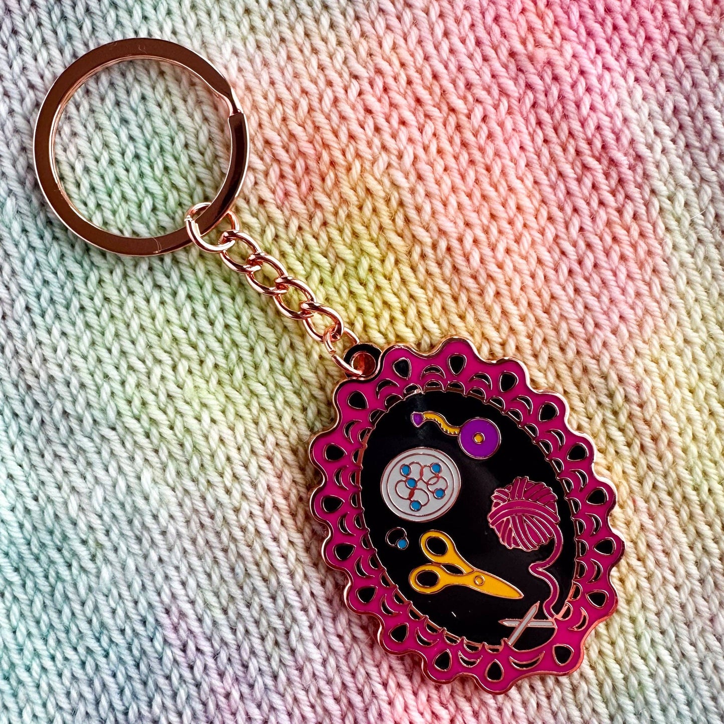 Knitting Session Enamel Keychain