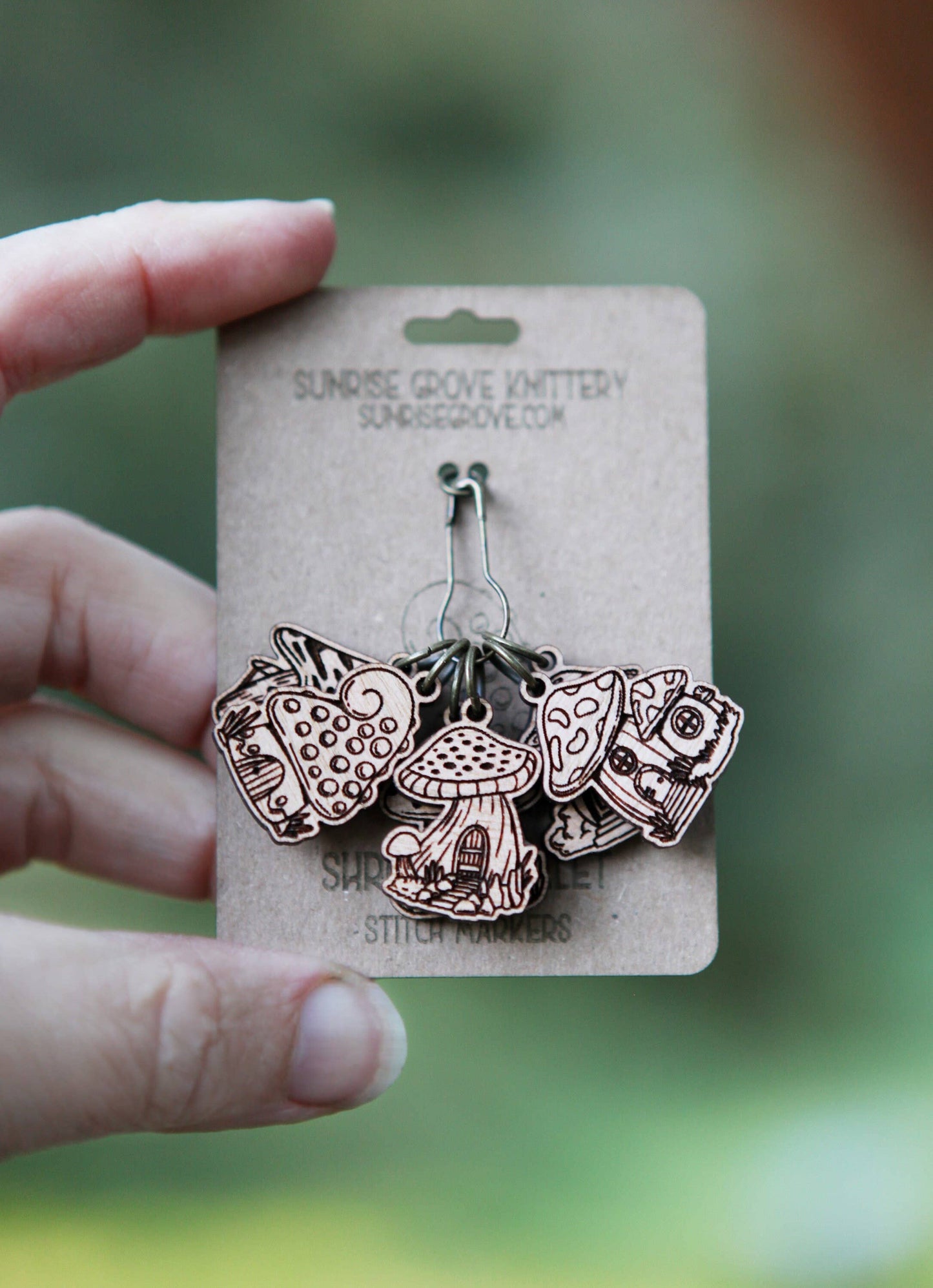 Cherry Wood Mushroom Houses Stitch Markers Set of 6